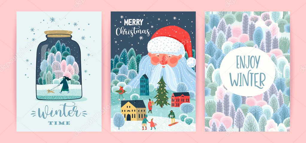 Set of Christmas and Happy New Year illustrations. Vector design templates.