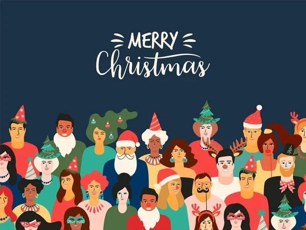 Natale e Felice Anno Nuovo illustrazione con persone in costumi di carnevale. Modello di progettazione vettoriale . — Vettoriale Stock