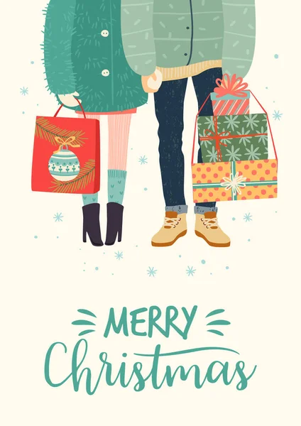 Christmas and Happy New Year illustration with romantic couple with gifts — ストックベクタ