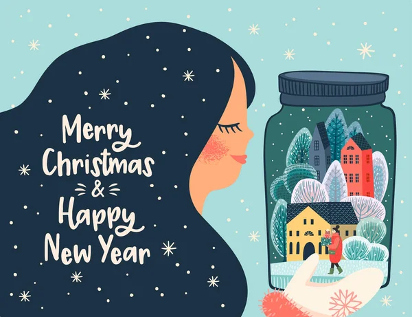 Navidad y Feliz Año Nuevo ilustración con mujer linda. — Vector de stock