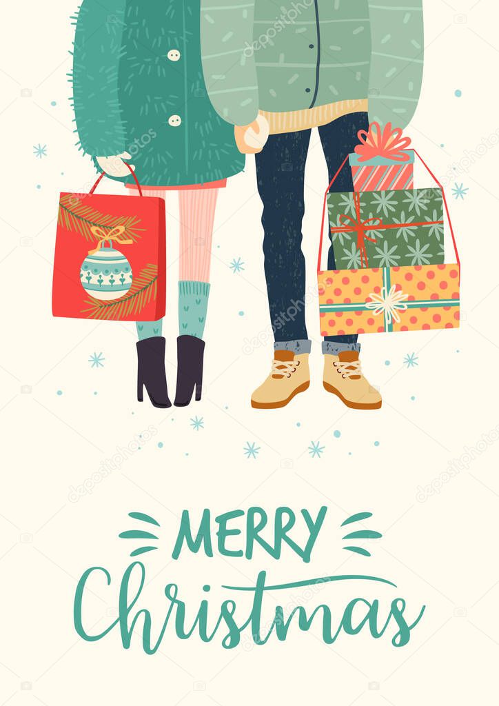 Christmas and Happy New Year illustration with romantic couple with gifts