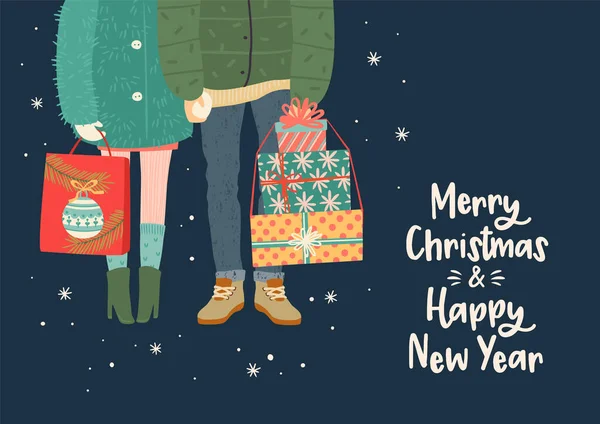 Christmas and Happy New Year illustration with romantic couple with gifts — ストックベクタ