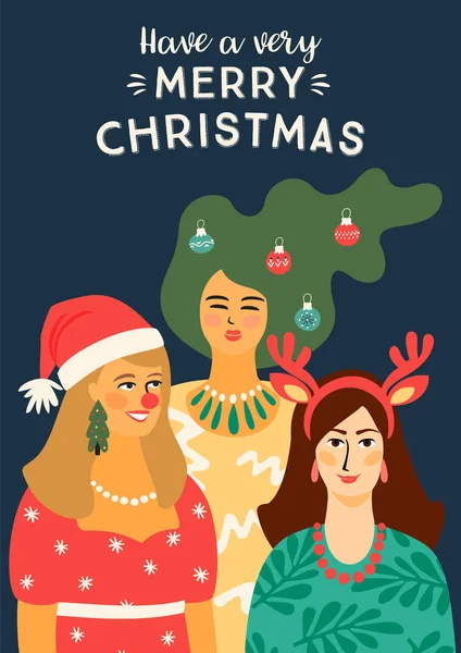カーニバルの衣装を着た人々とクリスマスとハッピーニューイヤーのイラスト. — ストックベクタ