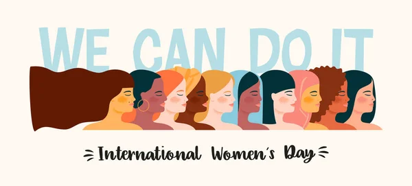 Internationale Vrouwendag. Vector illustratie met vrouwen verschillende nationaliteiten en culturen. — Stockvector