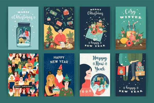 Set von Illustrationen für Weihnachten und ein glückliches neues Jahr. Vorlage: Vektordesign. — Stockvektor