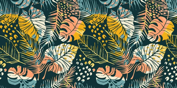 Abstrakcyjny twórczy bezszwowy wzór z tropikalnymi roślinami i tłem artystycznym. — Wektor stockowy