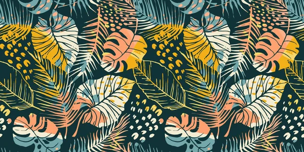 Abstract creative seamless pattern with tropical plants and artistic background. — Stock Vector