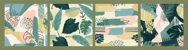 Patrones sin costura creativos abstractos con plantas tropicales y fondo artístico . — Vector de stock