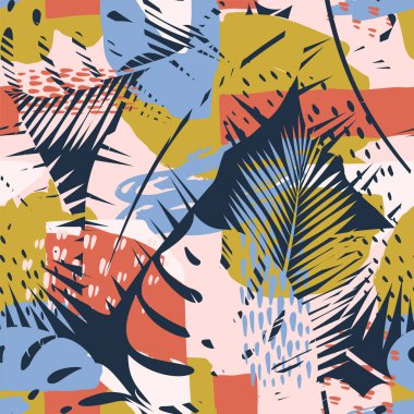 Tropikal bitkiler ve sanatsal arkaplan ile soyut, kusursuz desen.