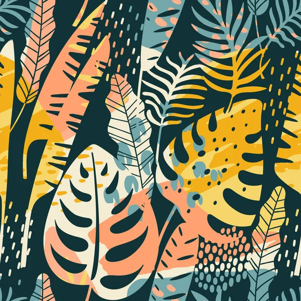 Abstraktní kreativní bezešvý vzor s tropickými rostlinami a uměleckým zázemím. — Stockový vektor
