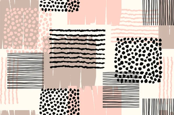 Abstraktes geometrisches nahtloses Muster mit trendigen handgezeichneten Texturen. — Stockvektor