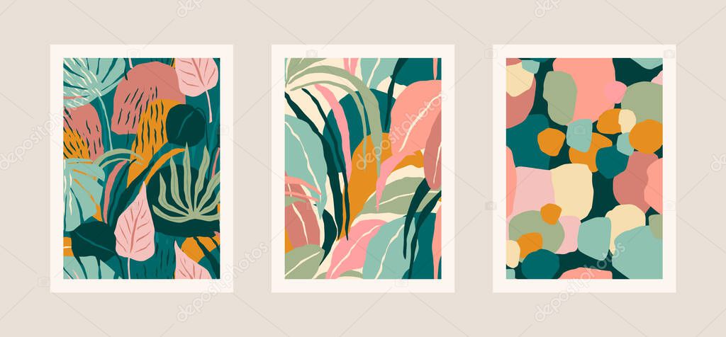 Collection of art prints with abstract leaves. Modern design