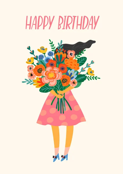 Buon compleanno. Illustrazione vettoriale di signora carina con mazzo di fiori . — Vettoriale Stock