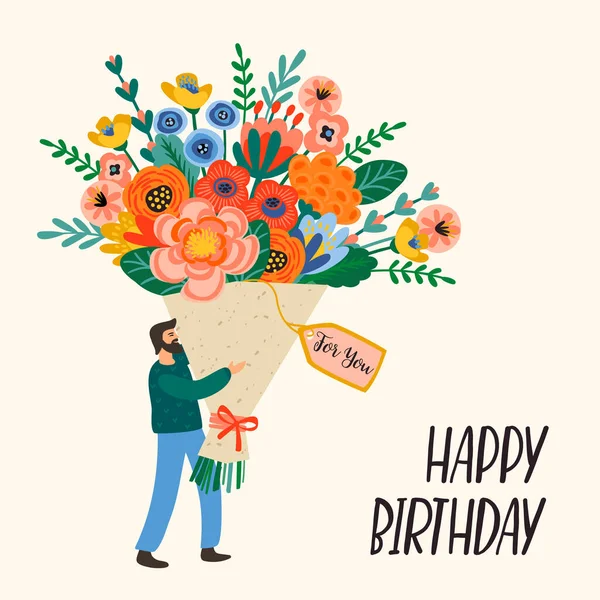 Joyeux anniversaire. Illustration vectorielle de mignon homme avec bouquet de fleurs . — Image vectorielle