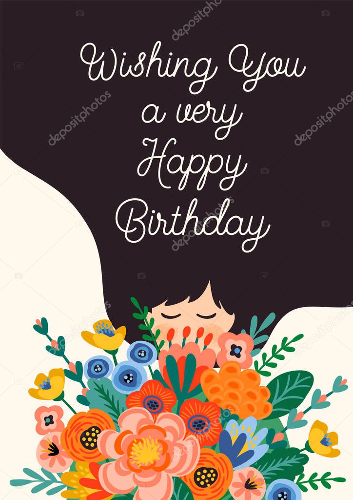 Happy Birthday. Vector illustration of cute lady with bouquet of flowers.