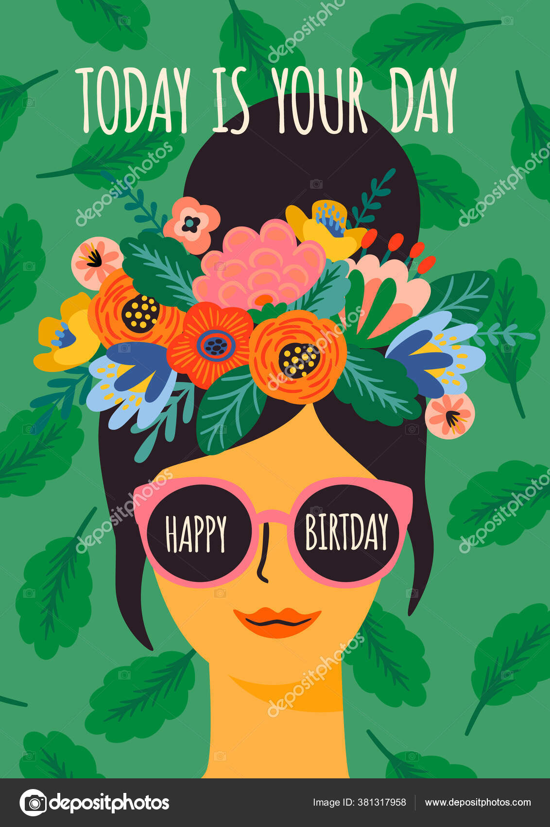 Gratulerer med dagen. Vektorillustrasjon av en søt dame med briller og  krans. stockvektor © Nadezda_Grapes #381317958, image size:1132x1700