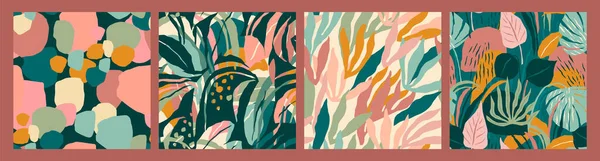 Collection abstraite de motifs sans couture avec des feuilles et des formes géométriques. — Image vectorielle