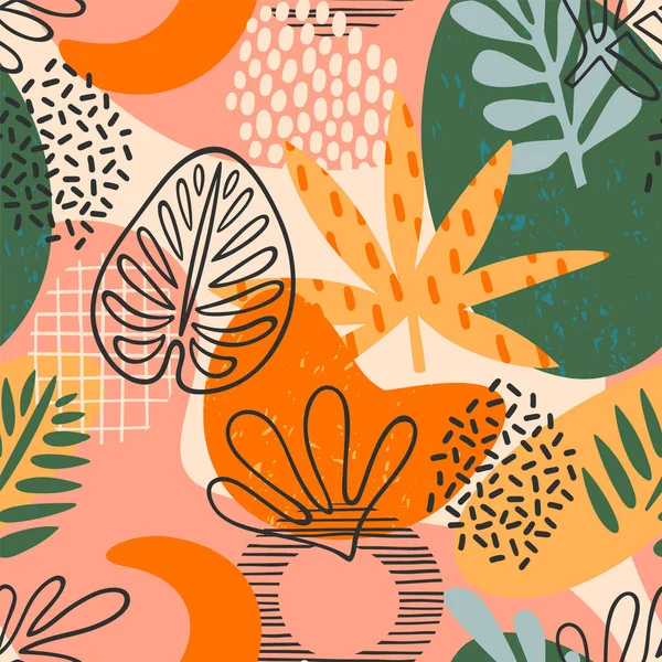 熱帯の葉と抽象的なシームレスなパターン。手描きのテクスチャ。ベクトル. — ストックベクタ