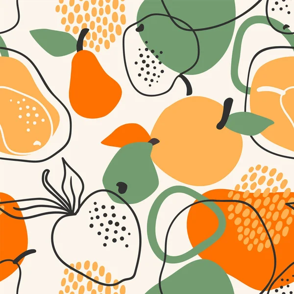 Motif vectoriel sans couture avec des pommes et des poires. Textures dessinées à la main à la mode. — Image vectorielle