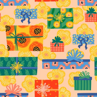 Doğum günün kutlu olsun. Şirin hediye kutuları ve çiçekleri olan kusursuz desen..