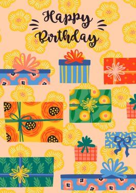 Doğum günün kutlu olsun. Şirin hediye kutularıyla vektör illüstrasyonu.