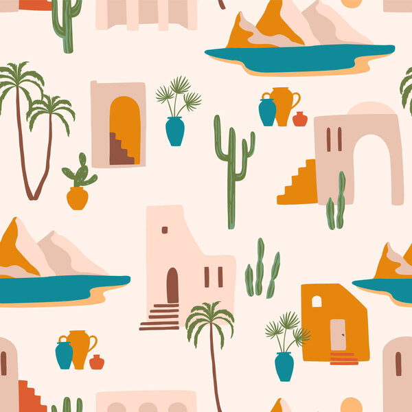 Seamless pattern with southern landscape. Mediterranean, North Africa