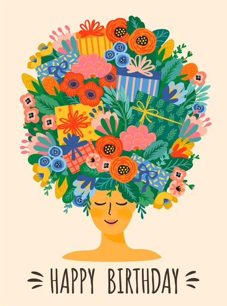 Alles Gute zum Geburtstag. Vektor-Illustration der netten Dame mit Blumenstrauß und Geschenkschachteln auf dem Kopf — Stockvektor