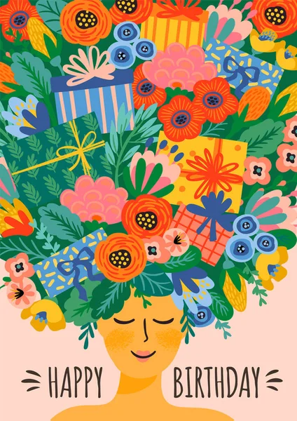 Buon compleanno. Illustrazione vettoriale di signora carina con mazzo di fiori e scatole regalo sulla testa — Vettoriale Stock
