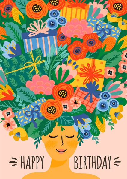 Feliz Cumpleaños. Ilustración vectorial de linda dama con ramo de flores y cajas de regalo en la cabeza — Archivo Imágenes Vectoriales