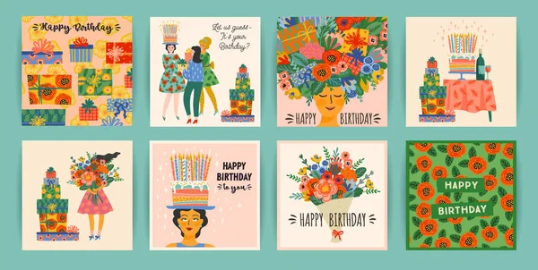 Happy Birthday. Vector set of cute illustrations. Design templates — Stock Vector