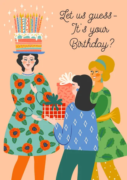 Feliz Cumpleaños. Ilustración vectorial de mujeres lindas. Plantilla diseño — Archivo Imágenes Vectoriales