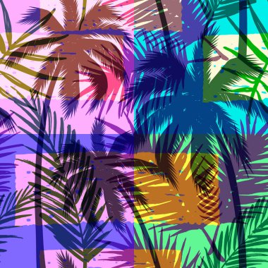 Parlak renkli geometrik arkaplanda tropikal palmiye ile kusursuz egzotik desen.