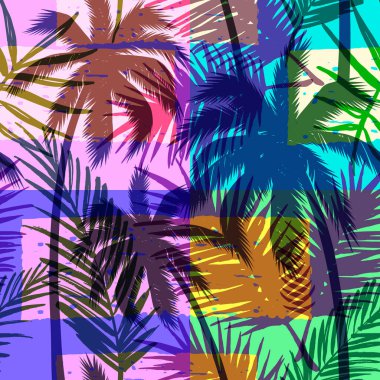 Parlak renkli geometrik arkaplanda tropikal palmiye ile kusursuz egzotik desen.