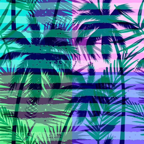 Modello esotico senza soluzione di continuità con palma tropicale su sfondo geometrico in colore brillante. — Vettoriale Stock
