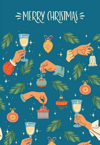 Weihnachten und ein glückliches neues Jahr Illustration mit männlichen und weiblichen Händen. — Stockvektor