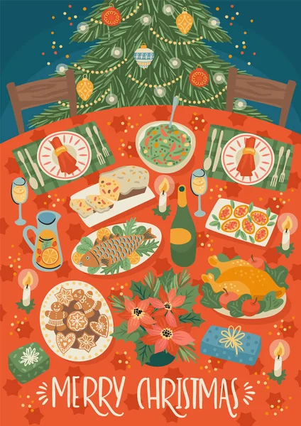 圣诞和新年快乐是圣诞节桌上的装饰品。节日大餐 — 图库矢量图片