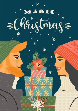 Noel ve mutlu yeni yıl illüstrasyonları genç adam ve kadının Noel hediyeleriyle.