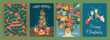 Noel ve Mutlu Yıllar çizimleri seti. Moda retro biçimi.