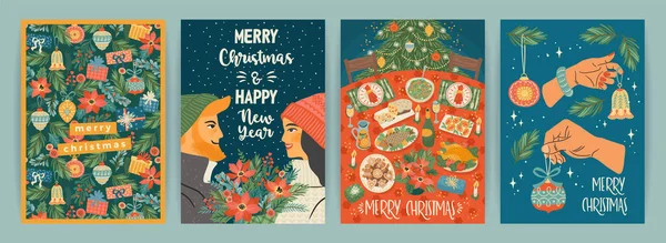 Set van Kerst en Gelukkig Nieuwjaar illustraties. Trendy retro stijl. — Stockvector