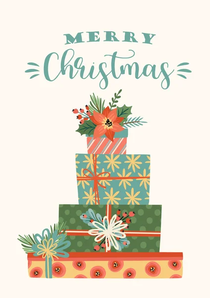 Christmas and Happy New Year illustration of christmas gifts. Vector design template. — Stock Vector