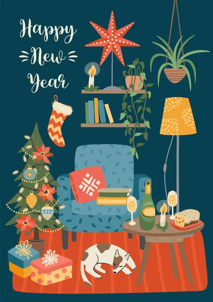 Natale e Felice Anno Nuovo illustrazione di dolce casa. Modello di progettazione vettoriale. — Vettoriale Stock