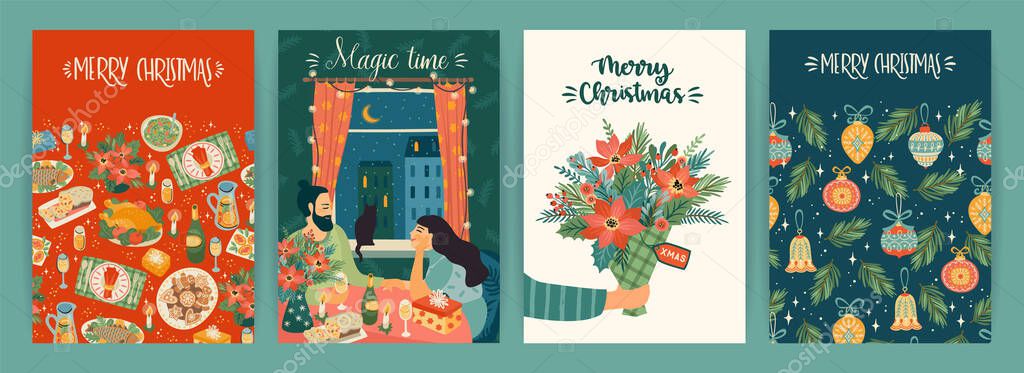 Set of Christmas and Happy New Year illustrations. Vector design templates.