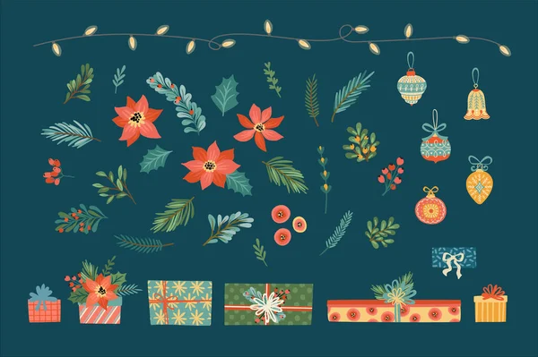 Set vectorial de elementos florales navideños. Agujas, flores, hojas, bayas, regalos y juguetes. — Archivo Imágenes Vectoriales