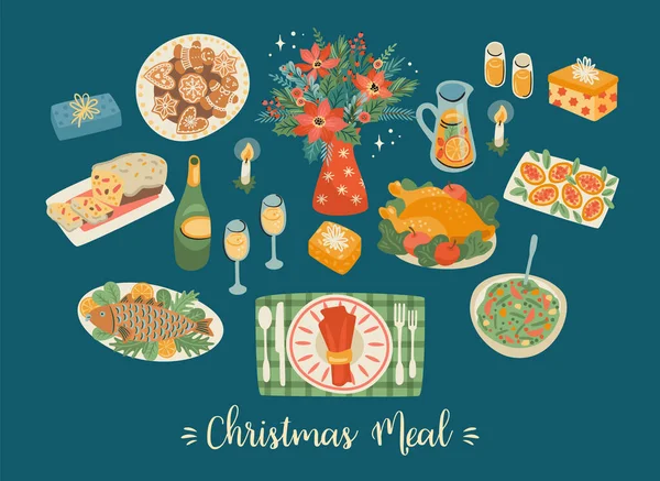 Ensemble vectoriel de repas de Noël. Éléments de conception. — Image vectorielle