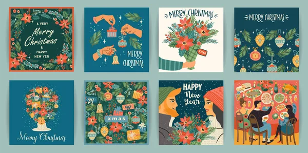 Conjunto de ilustraciones de Navidad y Feliz Año Nuevo. Plantillas de diseño vectorial. — Vector de stock