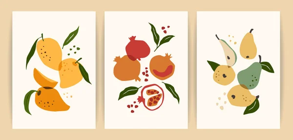 Collectie van hedendaagse kunstprenten. Abstracte vruchten. Mango, granaatappel en peer. — Stockvector