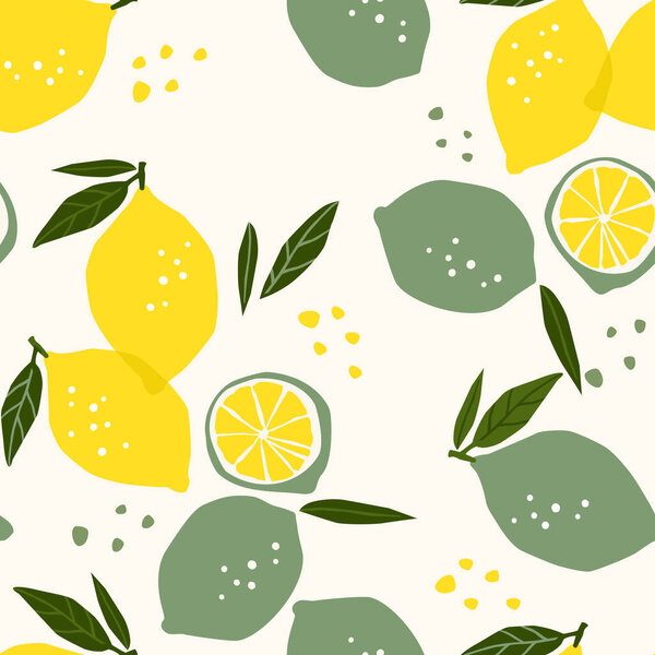 Векторный бесшовный рисунок с лимонами и лаймами. Традиционные текстуры, нарисованные вручную. Современный абстрактный дизайн