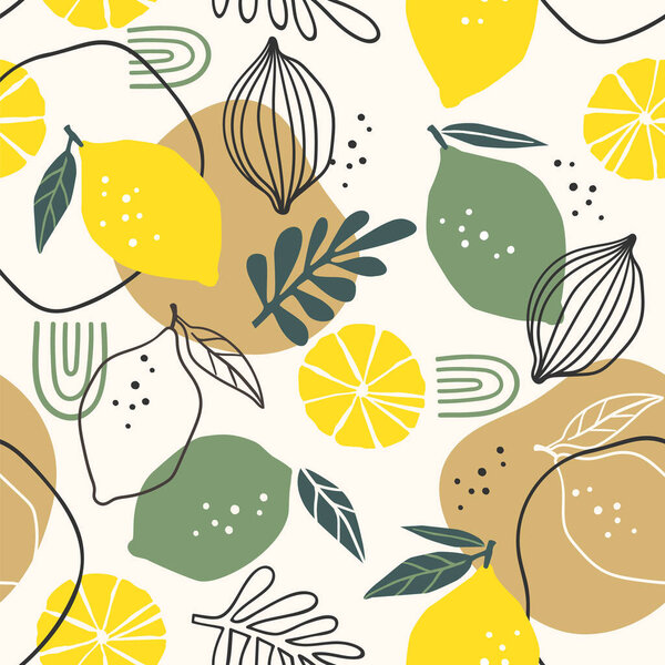 Векторный бесшовный рисунок с лимонами и лаймами. Традиционные текстуры, нарисованные вручную. Современный абстрактный дизайн