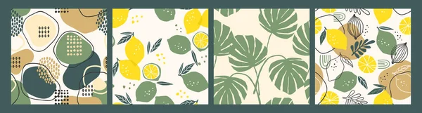 Collection abstraite de motifs sans couture avec citrons, feuilles et formes géométriques. Design moderne — Image vectorielle
