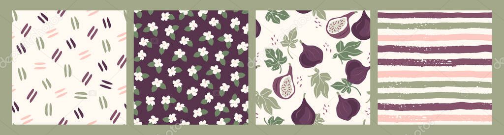 Abstract collection of seamless patterns with flowers, figs, stripes and geometric shapes. Modern design